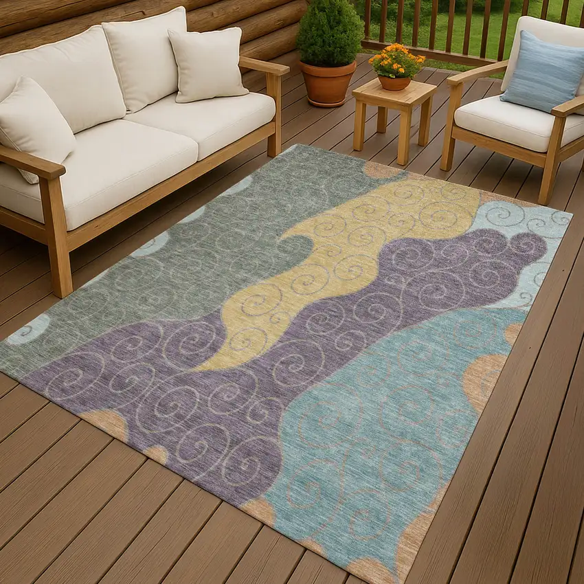 Green And Gold Abstract Washable Indoor Outdoor Area Rug Photo 4