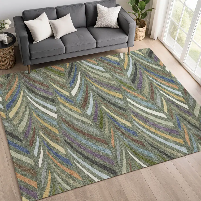 Green And Gold Abstract Washable Indoor Outdoor Area Rug Photo 6