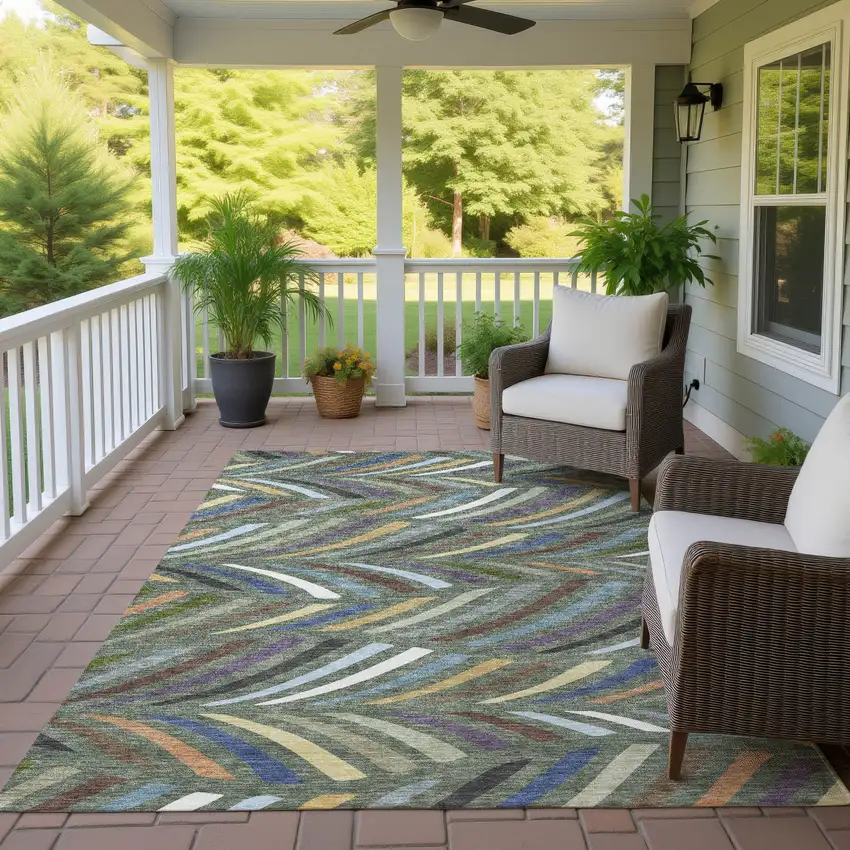 Green And Gold Abstract Washable Indoor Outdoor Area Rug Photo 4