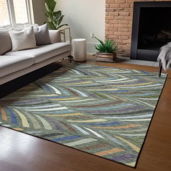 Green And Gold Abstract Washable Indoor Outdoor Area Rug Photo 5