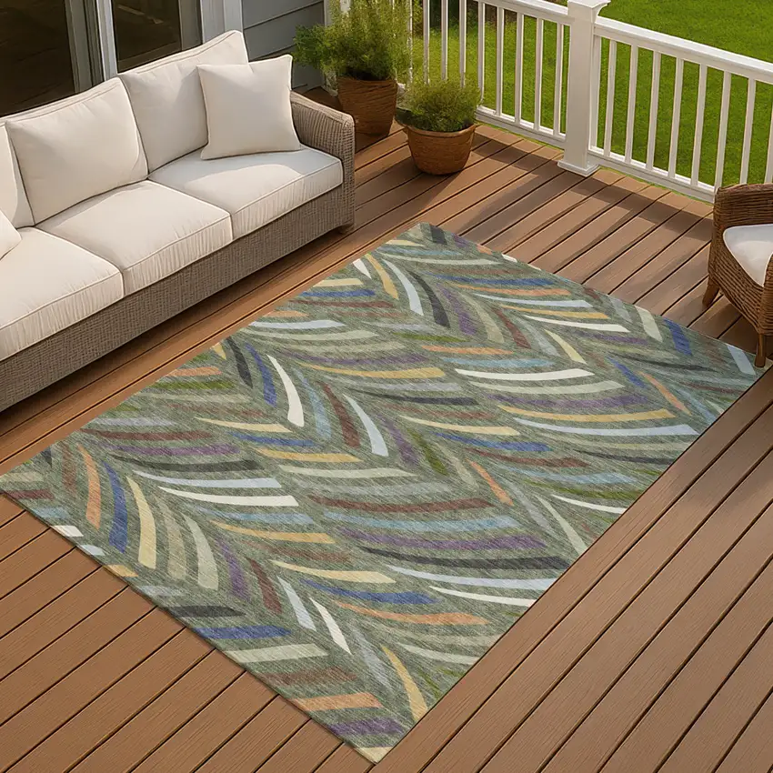 Green And Gold Abstract Washable Indoor Outdoor Area Rug Photo 7