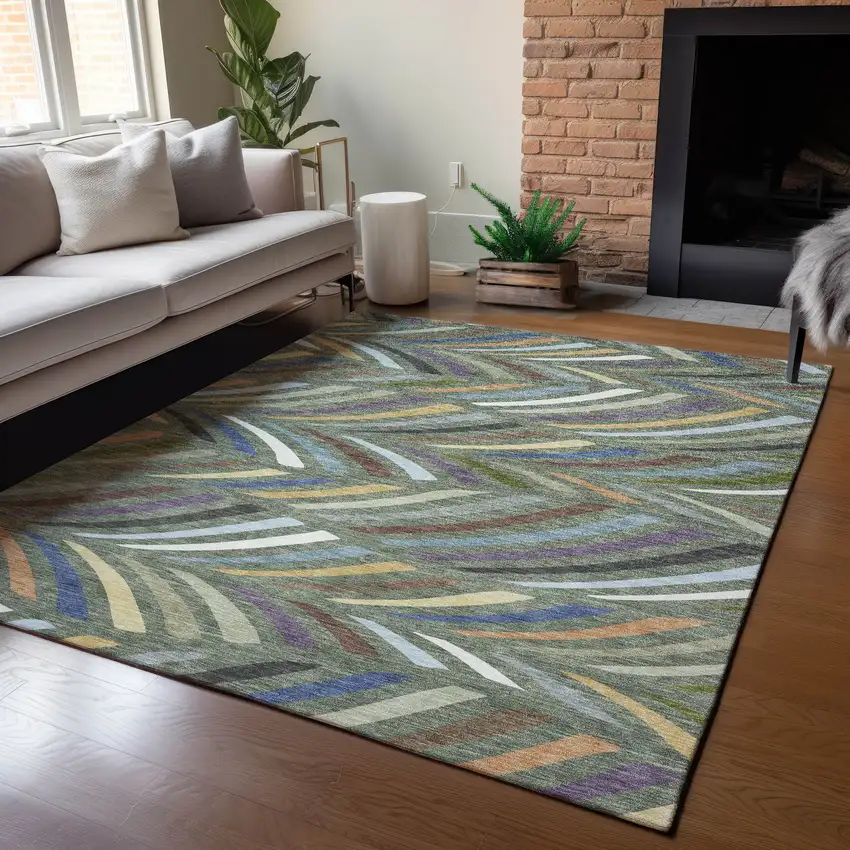Green And Gold Abstract Washable Indoor Outdoor Area Rug Photo 5