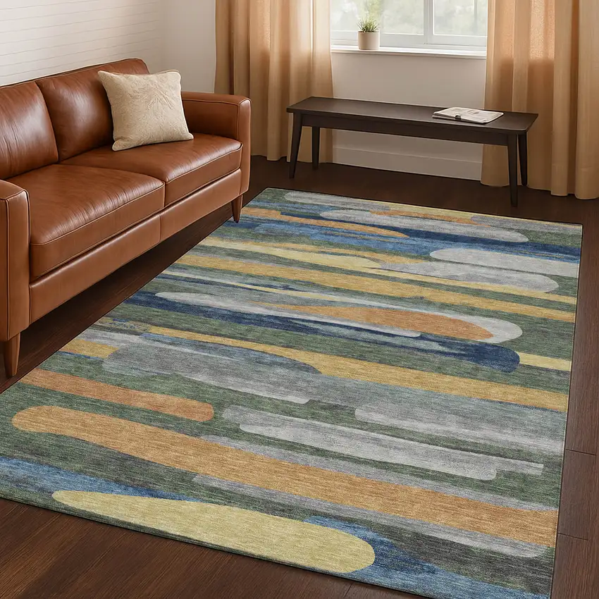 Green And Gold Abstract Washable Indoor Outdoor Area Rug Photo 5