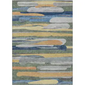 Photo of Green And Gold Abstract Washable Indoor Outdoor Area Rug