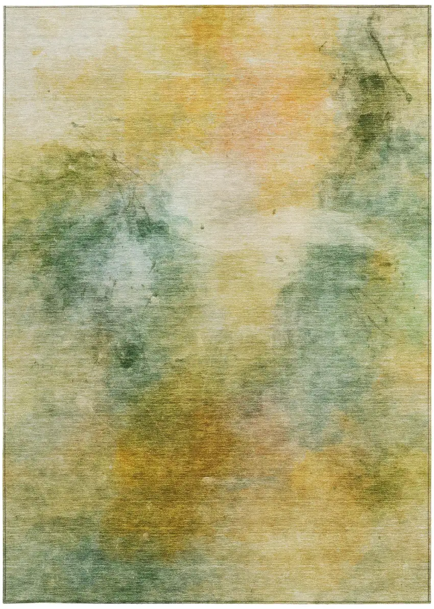 Green And Gold Abstract Washable Indoor Outdoor Area Rug Photo 1