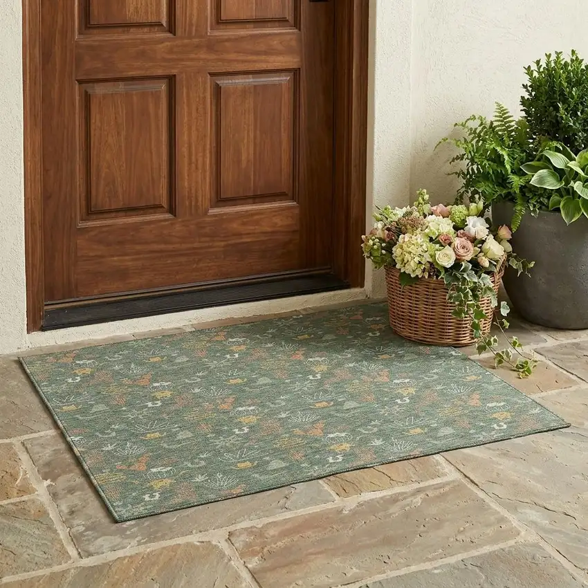 Green And Gold Cactus Washable Indoor Outdoor Area Rug Photo 1