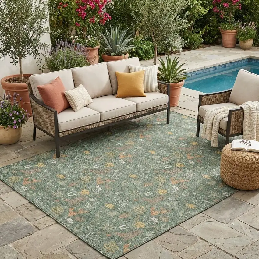 Green And Gold Cactus Washable Indoor Outdoor Area Rug Photo 1
