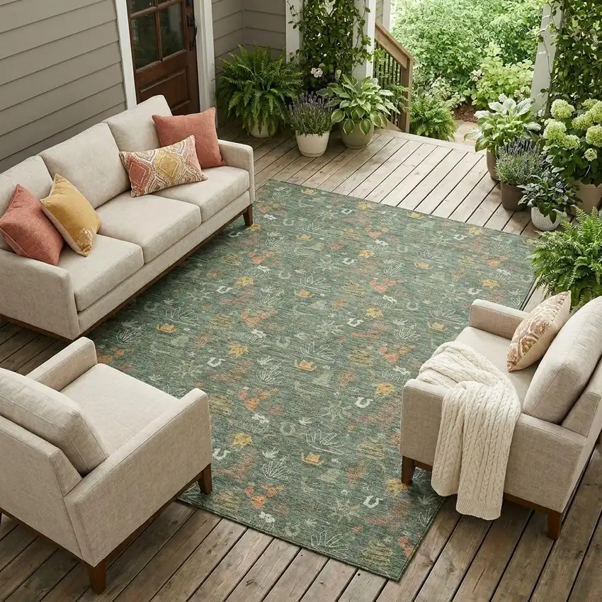 Green And Gold Cactus Washable Indoor Outdoor Area Rug Photo 1