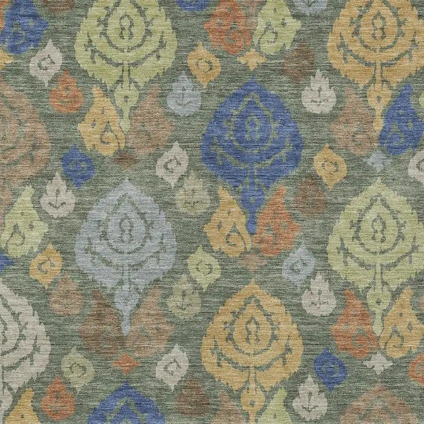 Green And Gold Damask Washable Indoor Outdoor Area Rug Photo 2