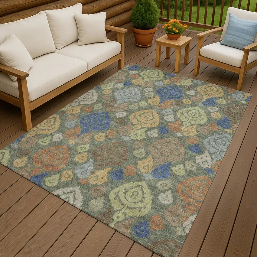 Green And Gold Damask Washable Indoor Outdoor Area Rug Photo 4