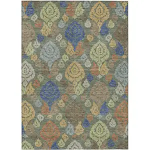 Photo of Green And Gold Damask Washable Indoor Outdoor Area Rug