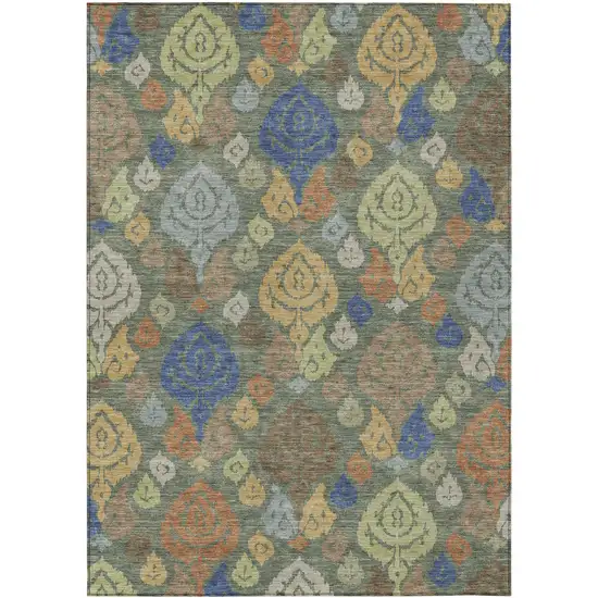 Green And Gold Damask Washable Indoor Outdoor Area Rug Photo 1