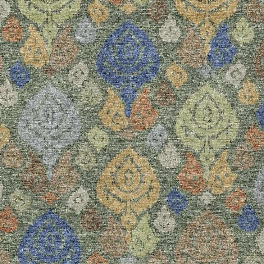 Green And Gold Damask Washable Indoor Outdoor Area Rug Photo 2