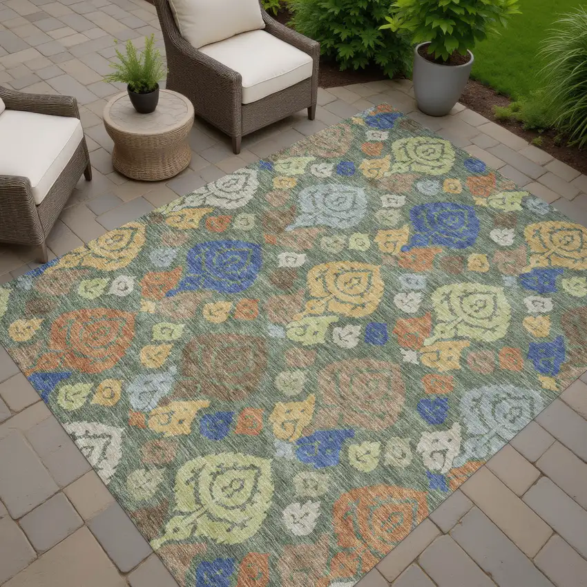 Green And Gold Damask Washable Indoor Outdoor Area Rug Photo 7
