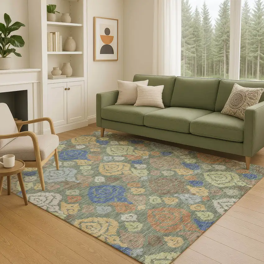 Green And Gold Damask Washable Indoor Outdoor Area Rug Photo 5