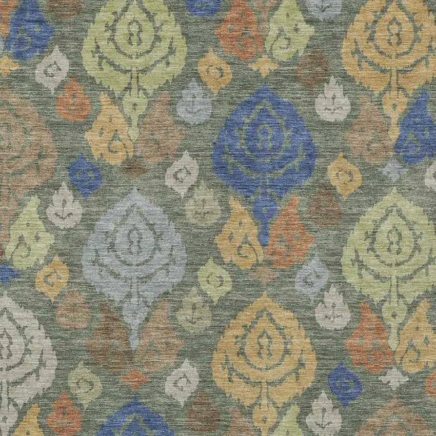 Green And Gold Damask Washable Indoor Outdoor Area Rug Photo 2