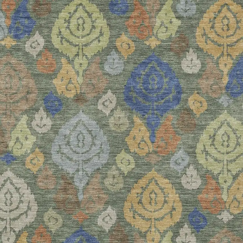Green And Gold Damask Washable Indoor Outdoor Area Rug Photo 2