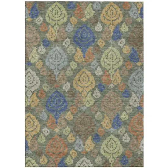 Green And Gold Damask Washable Indoor Outdoor Area Rug Photo 1