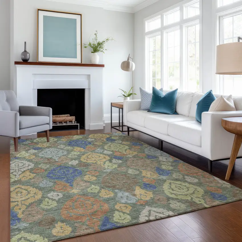 Green And Gold Damask Washable Indoor Outdoor Area Rug Photo 6