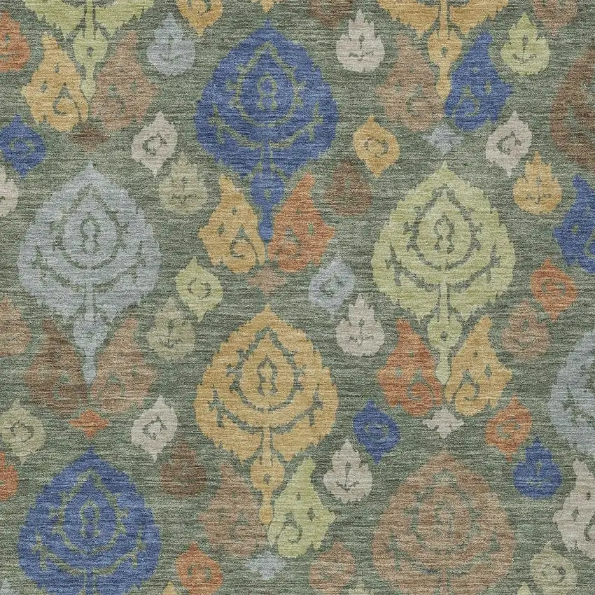 Green And Gold Damask Washable Indoor Outdoor Area Rug Photo 2