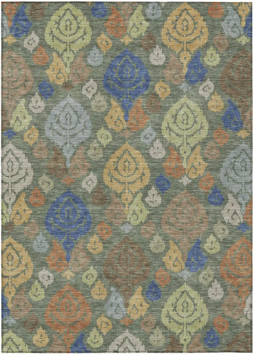 Green And Gold Damask Washable Indoor Outdoor Area Rug Photo 1