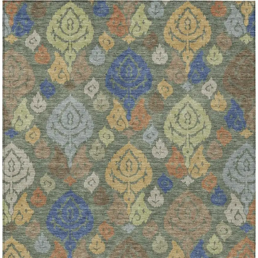 Green And Gold Damask Washable Indoor Outdoor Area Rug Photo 3