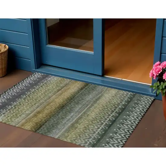Green And Gold Geometric Washable Indoor Outdoor Area Rug Photo 2