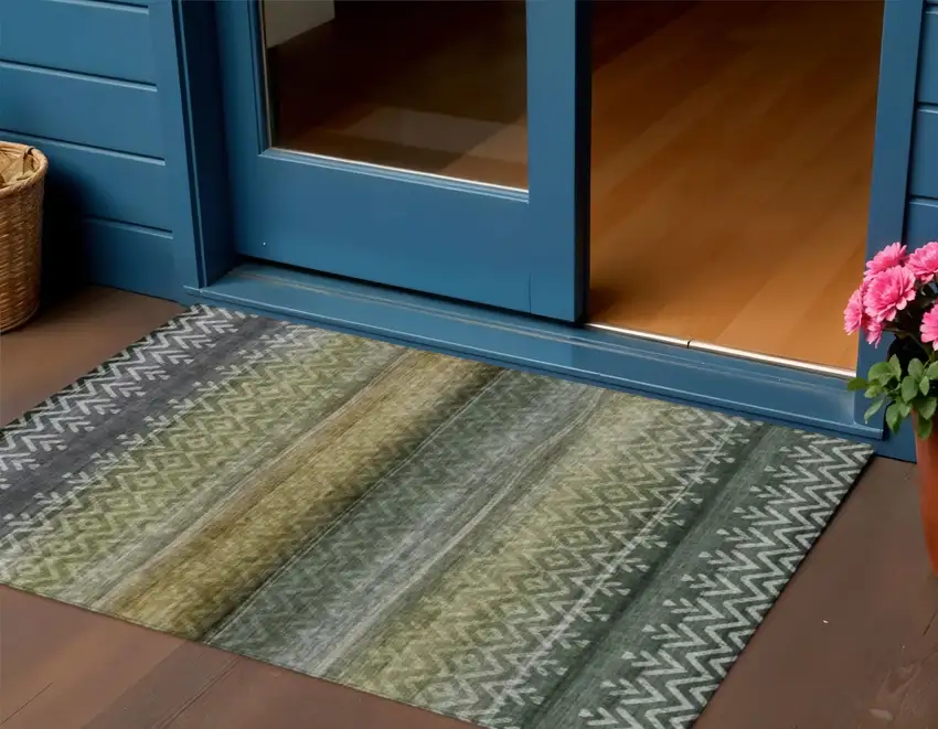 Green And Gold Geometric Washable Indoor Outdoor Area Rug Photo 2