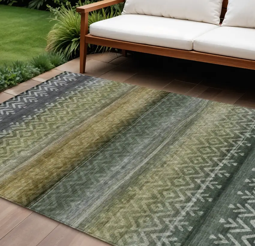 Green And Gold Geometric Washable Indoor Outdoor Area Rug Photo 2