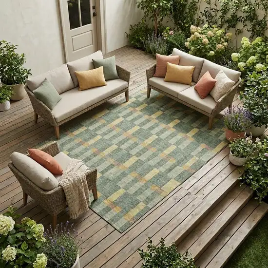 Green And Gold Geometric Washable Indoor Outdoor Area Rug Photo 1
