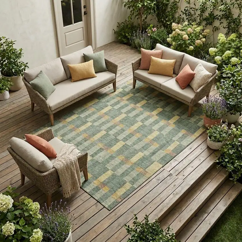 Green And Gold Geometric Washable Indoor Outdoor Area Rug Photo 1