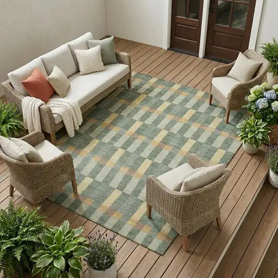 Green And Gold Geometric Washable Indoor Outdoor Area Rug Photo 1