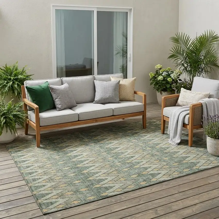 Green And Gold Geometric Washable Indoor Outdoor Area Rug Photo 1