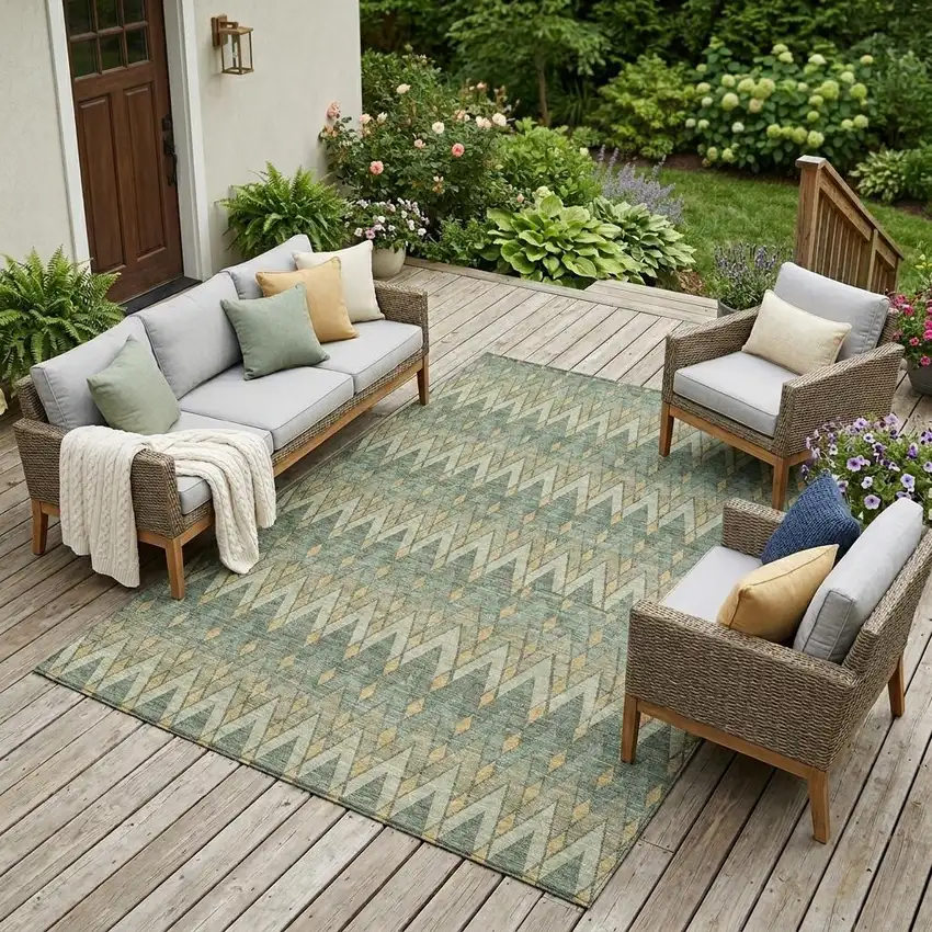 Green And Gold Geometric Washable Indoor Outdoor Area Rug Photo 1