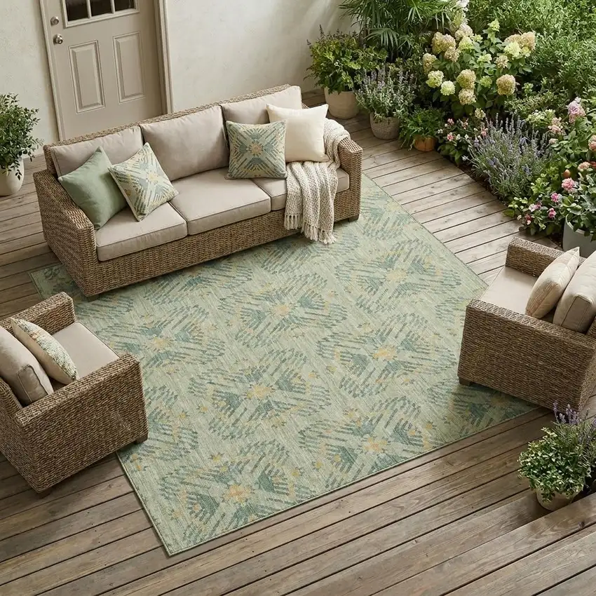 Green And Gold Geometric Washable Indoor Outdoor Area Rug Photo 1