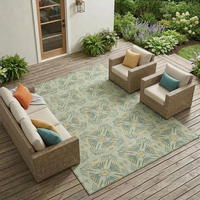 Green And Gold Geometric Washable Indoor Outdoor Area Rug Photo 1
