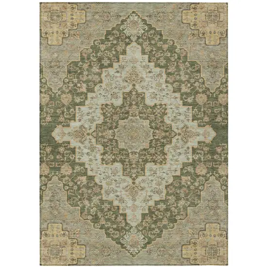 Green And Gold Medallion Washable Indoor Outdoor Area Rug Photo 2