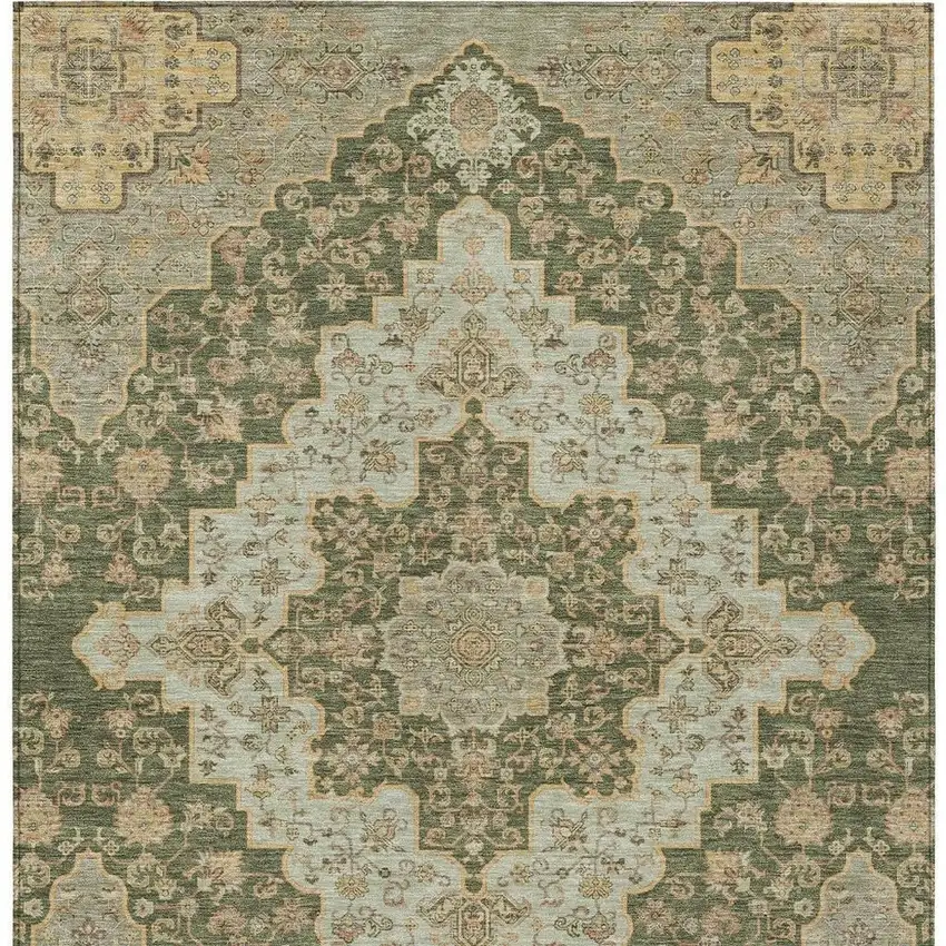 Green And Gold Medallion Washable Indoor Outdoor Area Rug Photo 4