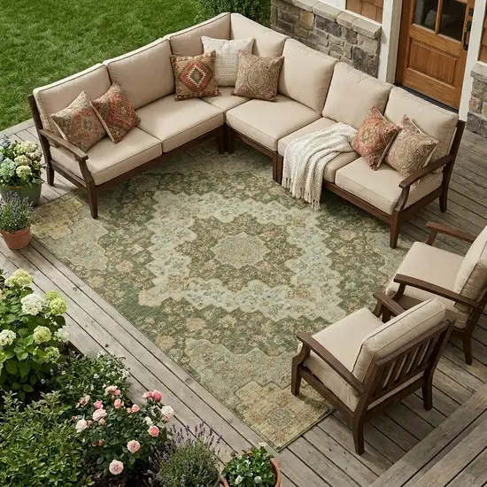 Green And Gold Medallion Washable Indoor Outdoor Area Rug Photo 1