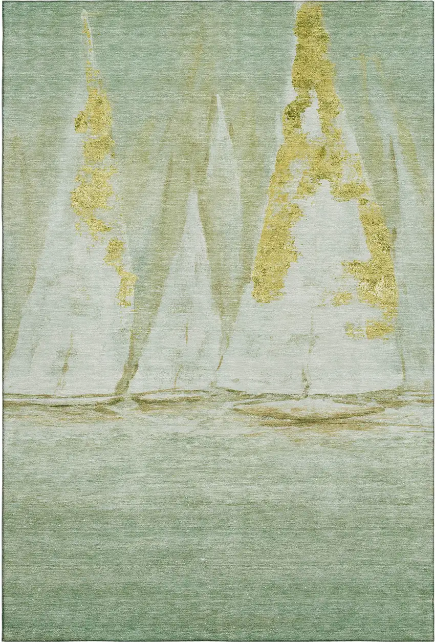 Green And Gold Nautical Washable Area Rug With UV Protection Photo 6