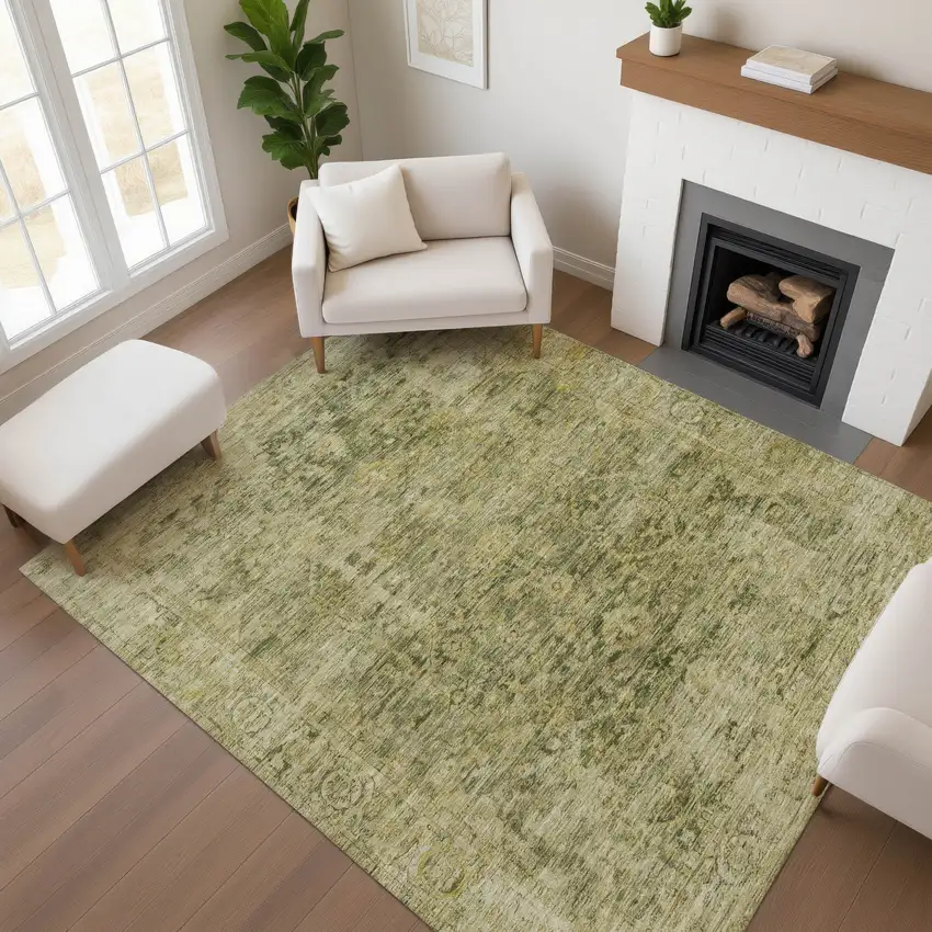 Green And Gold Oriental Washable Area Rug With UV Protection Photo 3