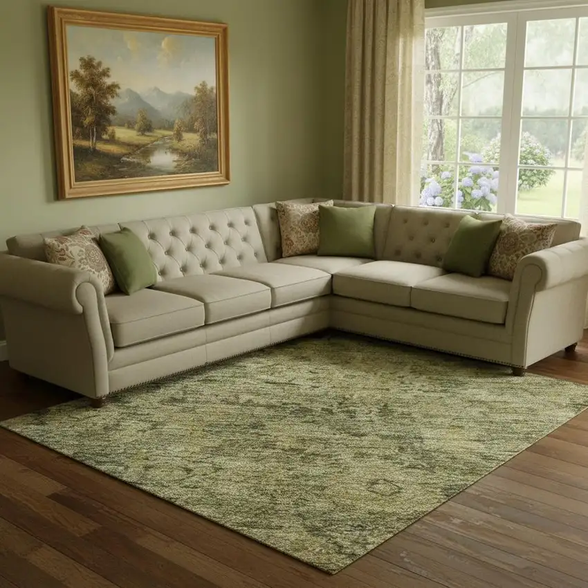 Green And Gold Oriental Washable Area Rug With UV Protection Photo 2