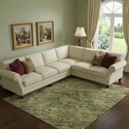 Green And Gold Oriental Washable Area Rug With UV Protection Photo 2