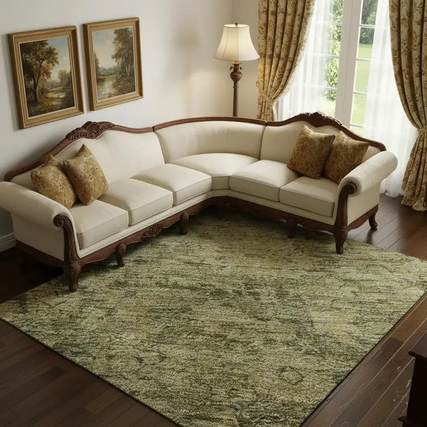 Green And Gold Oriental Washable Area Rug With UV Protection Photo 2