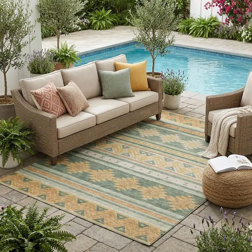 Green And Gold Southwestern Washable Indoor Outdoor Area Rug Photo 1
