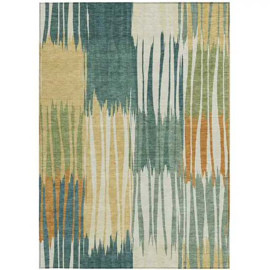 Green And Gold Striped Washable Indoor Outdoor Area Rug Photo 3