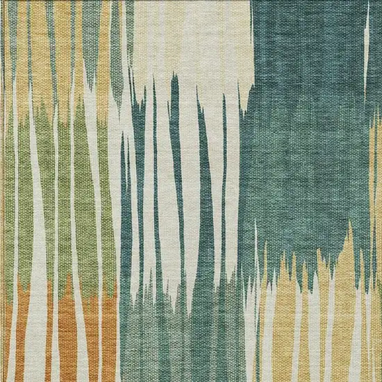 Green And Gold Striped Washable Indoor Outdoor Area Rug Photo 2