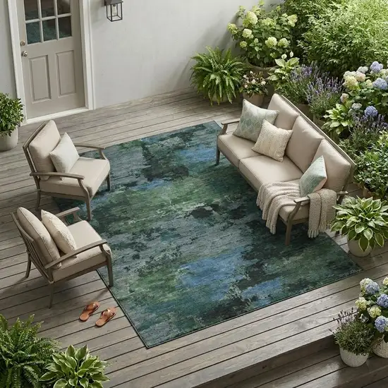 Green And Graphite Abstract Washable Indoor Outdoor Area Rug Photo 1