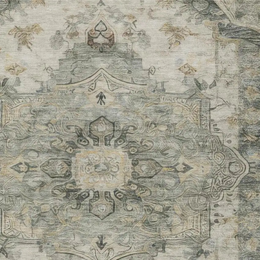 Green And Graphite Floral Medallion Washable Indoor Outdoor Area Rug Photo 2