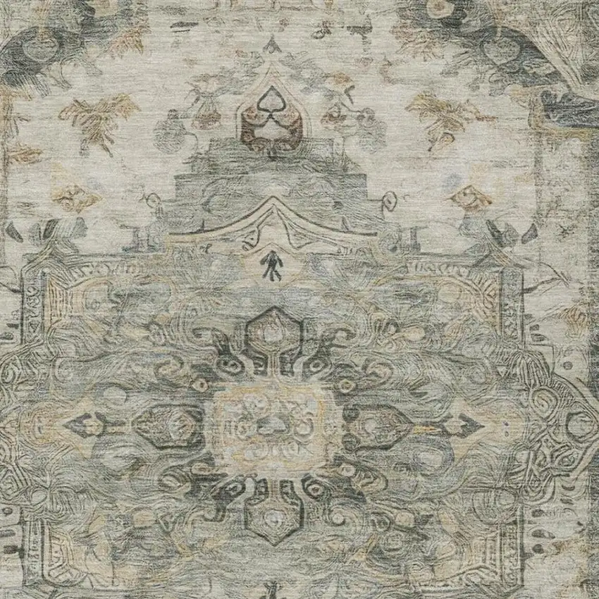 Green And Graphite Floral Medallion Washable Indoor Outdoor Area Rug Photo 9